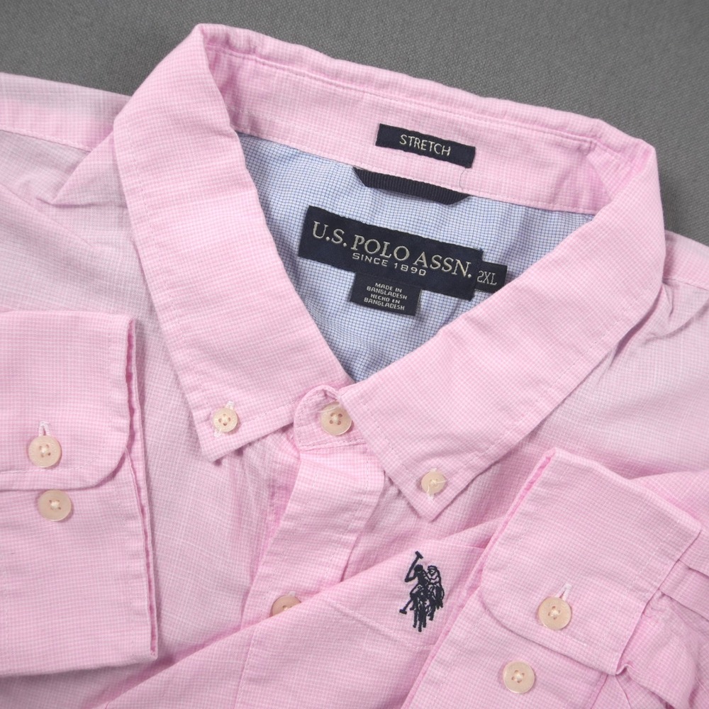 US Polo Assn Pink Check Mens XXL Button Down Shirt Long Sleeve Stretch Preppy
